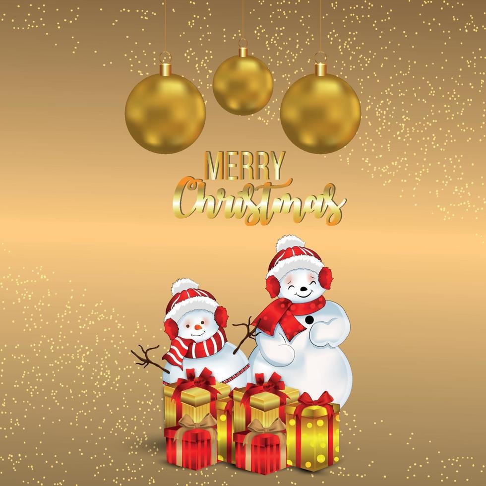 effet de texte doré pour carte de voeux joyeux noël célébration avec bonhommes de neige et cadeaux vecteur
