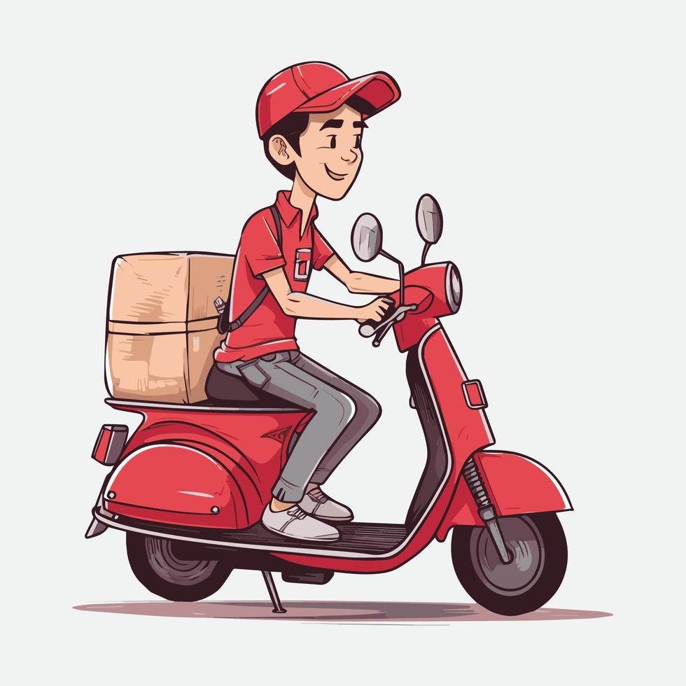 courrier dans rouge uniforme sur scooter. livraison service. vecteur illustration