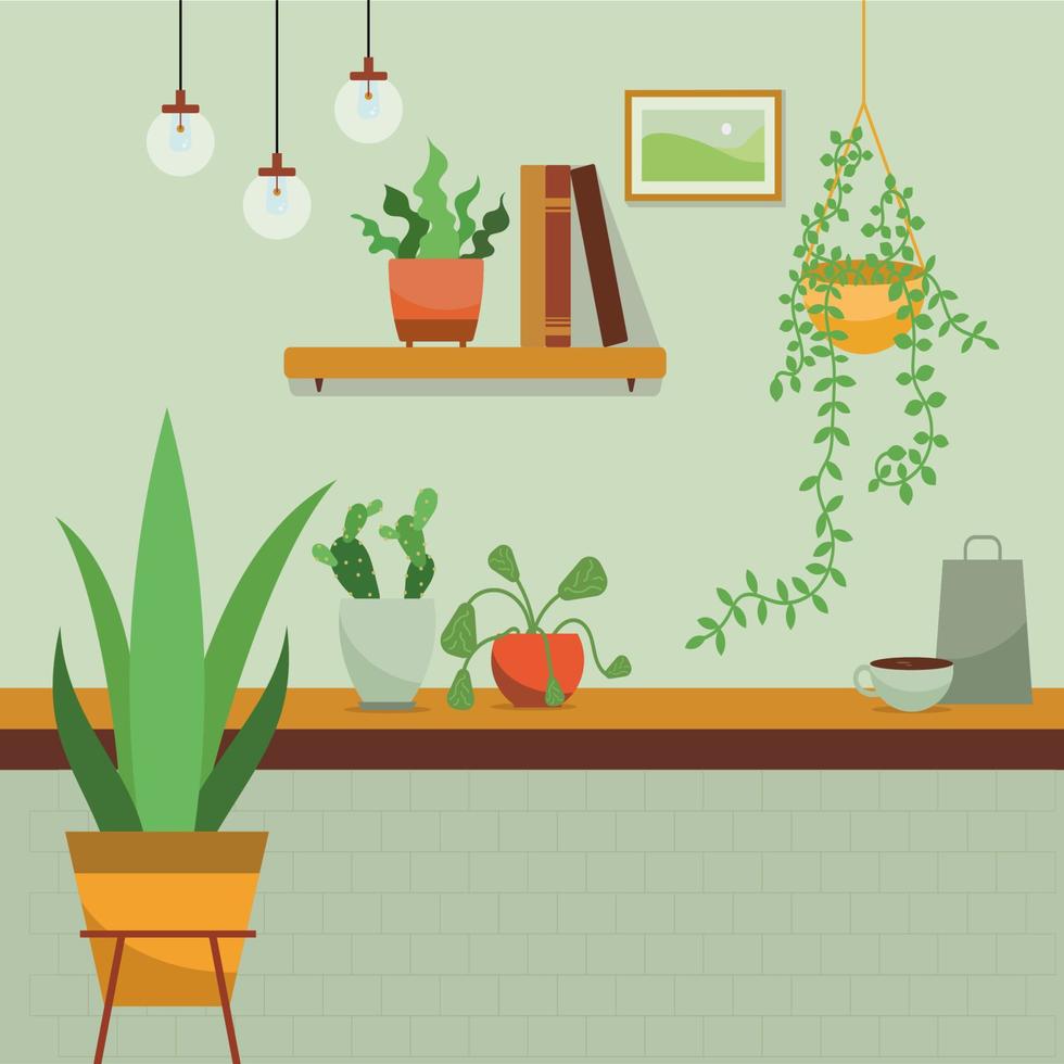 minimaliste intérieur conception. vert plante et livre, café, meubles, image Cadre dans cuisine dessin animé vecteur illustration.