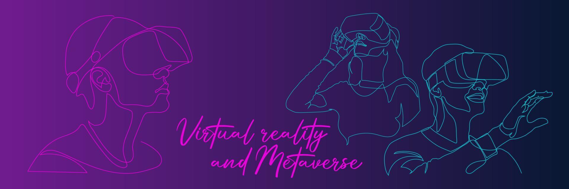 continu un ligne dessin homme ou femme dans des lunettes dispositif virtuel réalité ou vr. métaverse avec cyberpunk thème. vecteur
