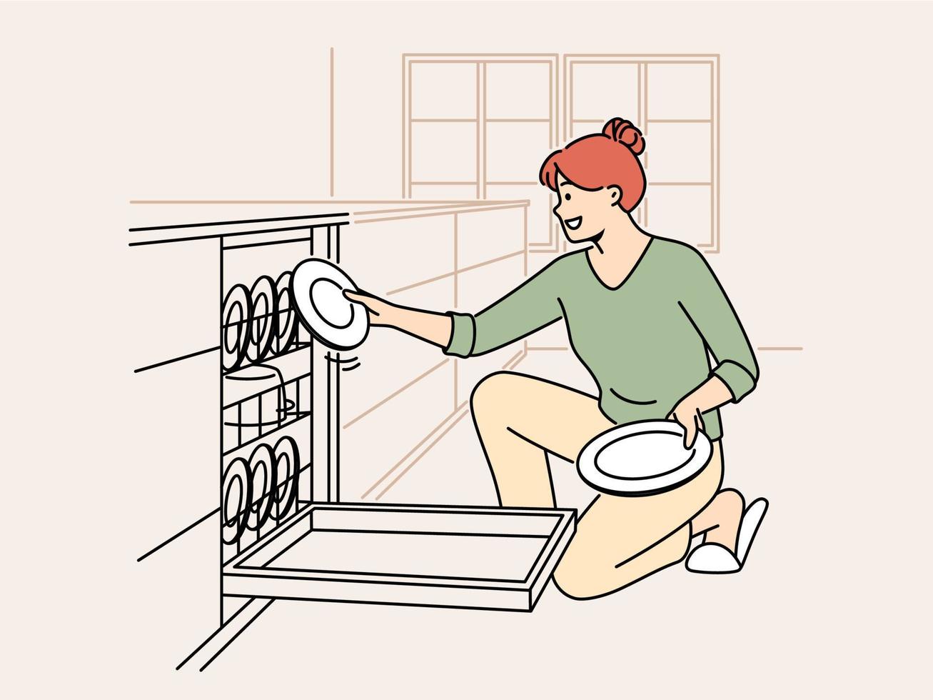 souriant femme déchargement la vaisselle machine. content femme au foyer mettre sale assiettes dans Lave-vaisselle à Accueil cuisine. Ménage et corvées concept. vecteur illustration.