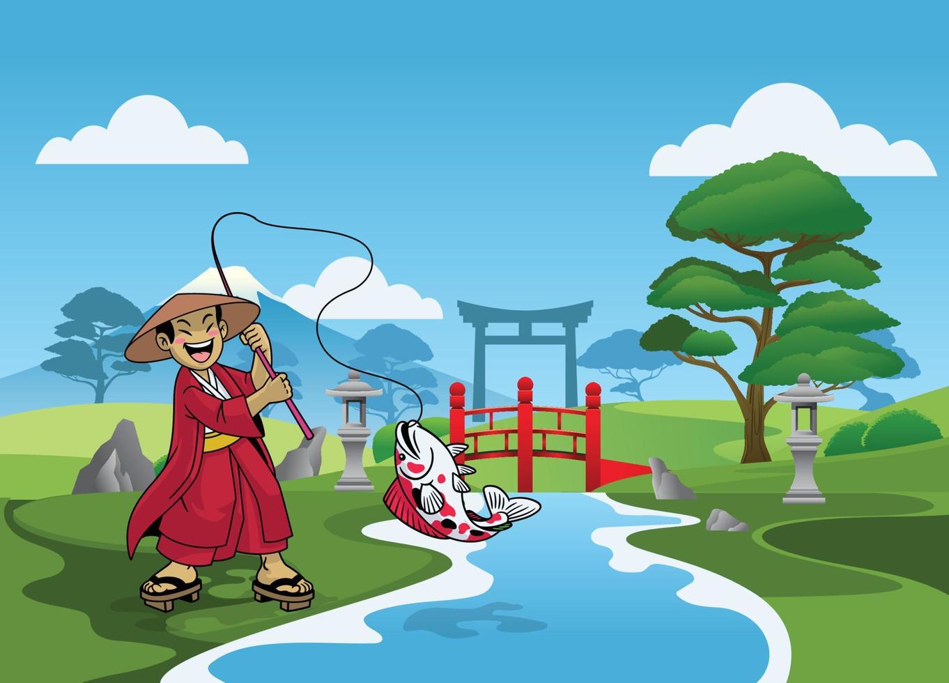 dessin animé Japonais pêcheur pêche dans le étang vecteur
