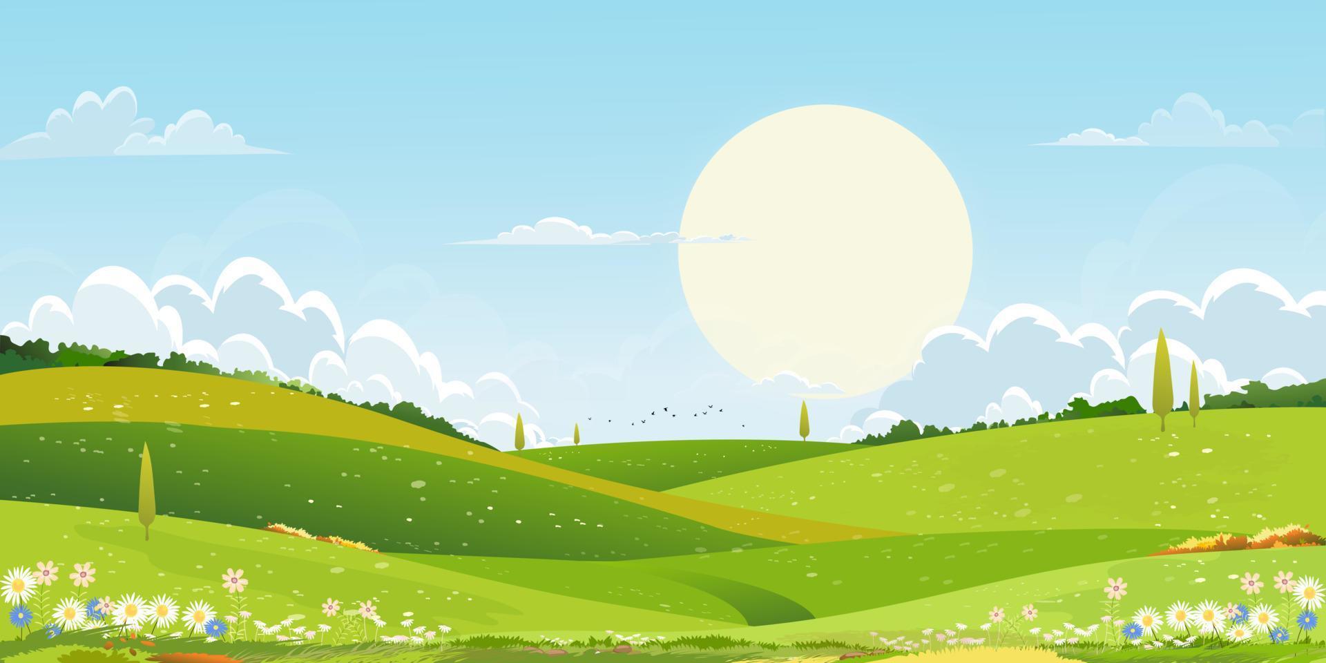 printemps vert des champs paysage avec Soleil plus de montagne, bleu ciel et des nuages arrière-plan, panorama rural Naturel dans printemps avec vert herbe atterrir. dessin animé vecteur illustration pour printemps et été bannière
