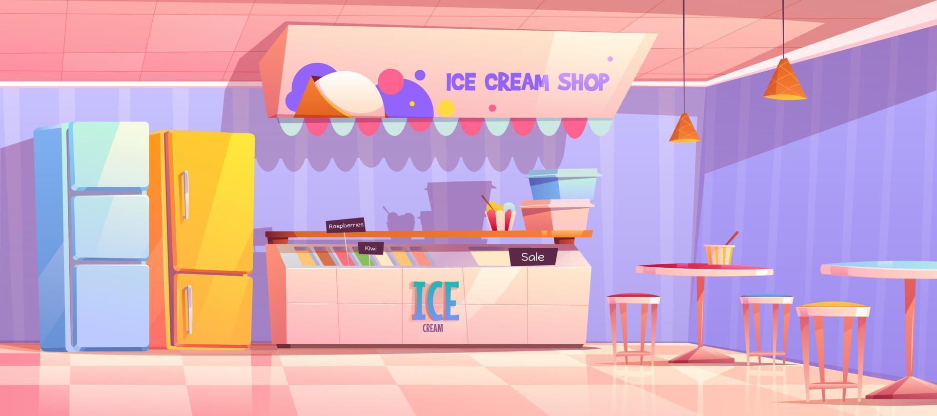 la glace crème magasin intérieur avec frigo et les tables vecteur