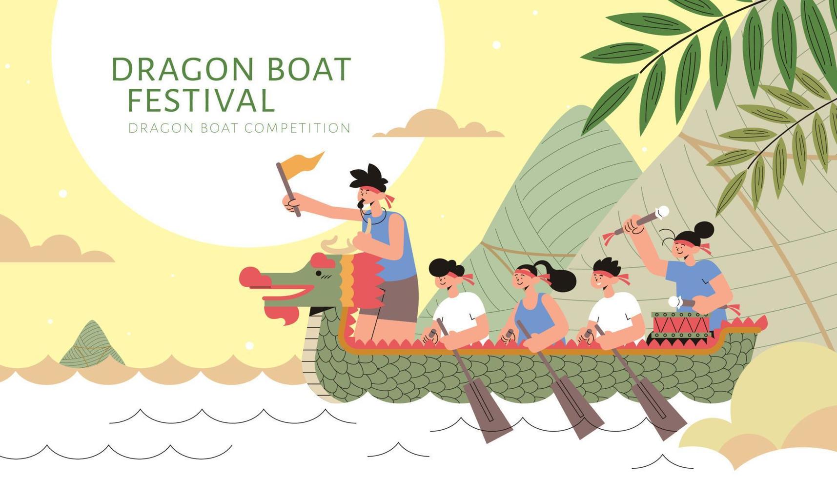 dragon bateau courses équipe sur rivière avec géant riz Dumplings montagne, duanwu Festival illustration vecteur