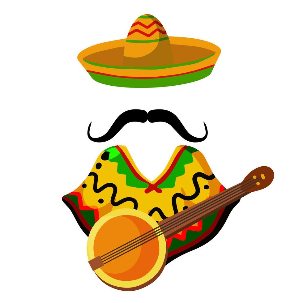 poncho. rouge et Orange mexicain cap. nationale robe. Latin costume. sombrero chapeau et moustache. plat dessin animé isolé sur blanc vecteur