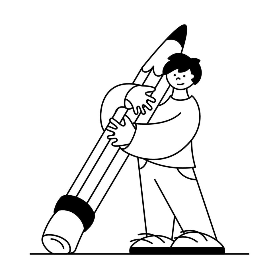 vecteur noir et blanc illustration dans une plat style, une gars avec une gros crayon