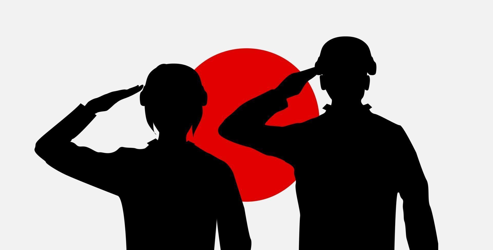 silhouette japon soldat sur soleil levant drapeau japon vecteur