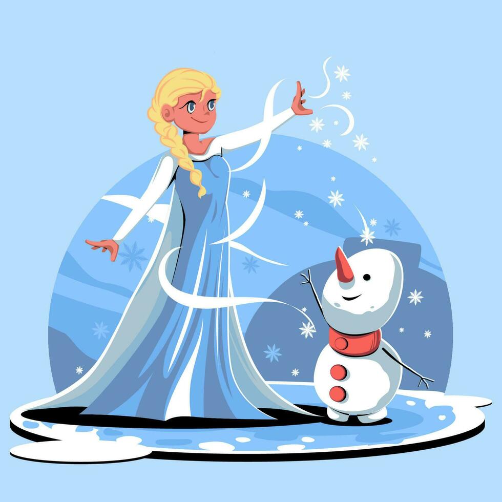 mignonne magique fille en jouant avec bonhomme de neige vecteur