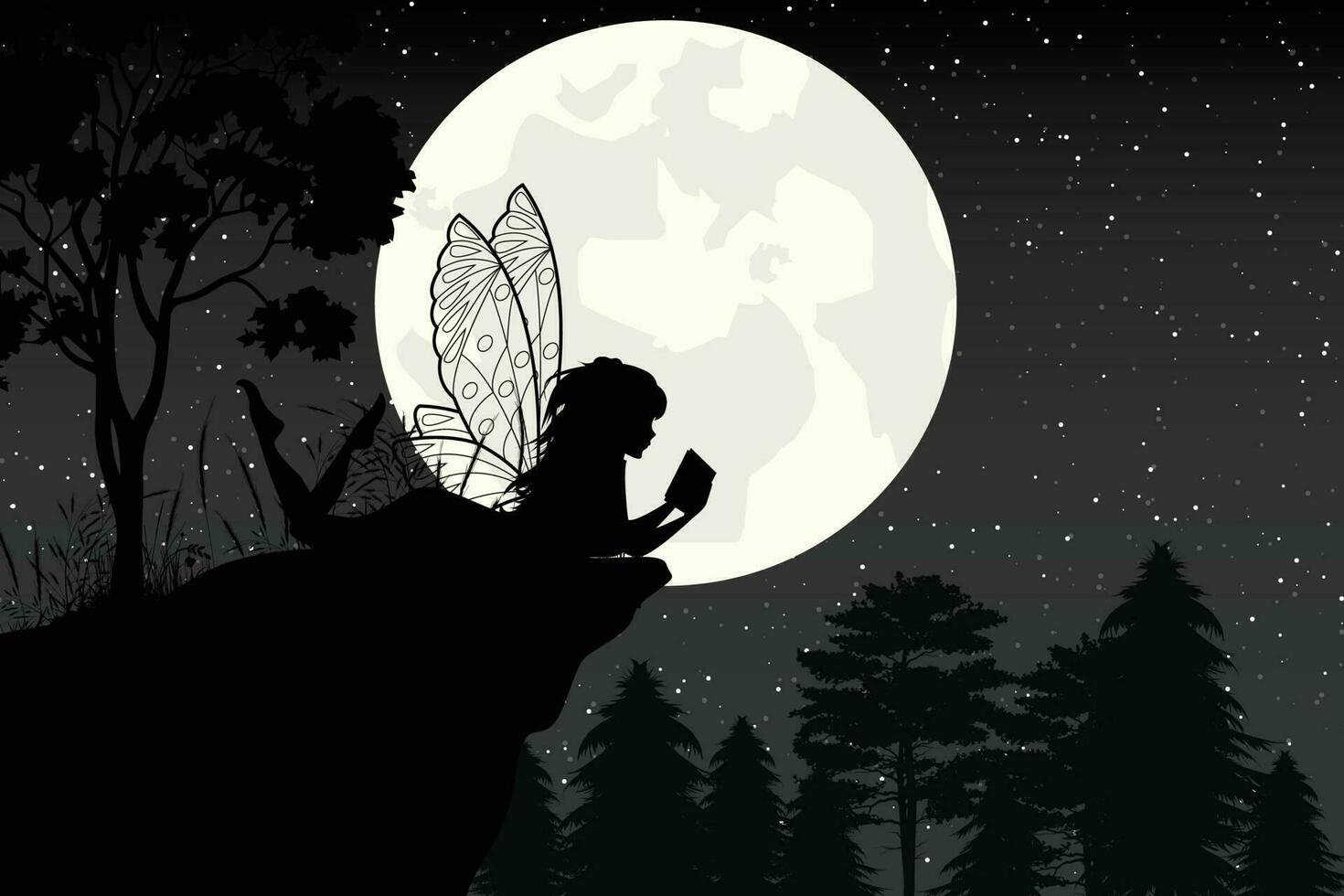 mignonne Fée et lune silhouette illustration graphique vecteur