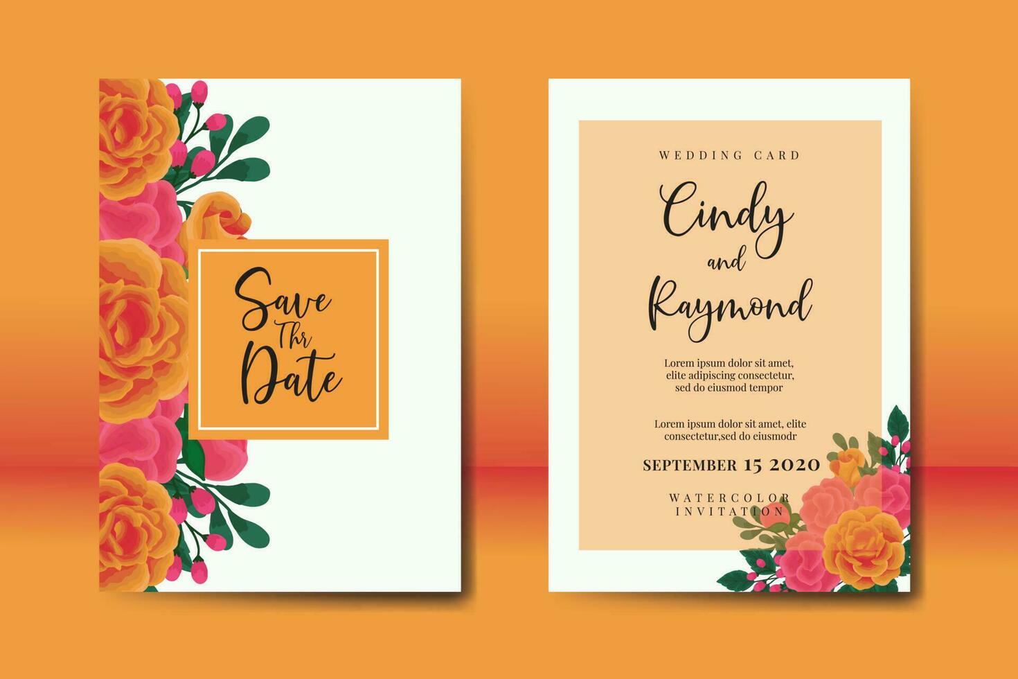 mariage invitation Cadre ensemble, floral aquarelle numérique main tiré Orange Rose fleur conception invitation carte modèle vecteur