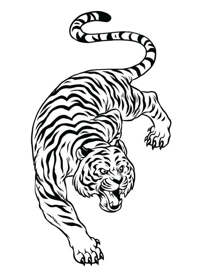 main tiré accroupi tigre dans noir et blanc style vecteur