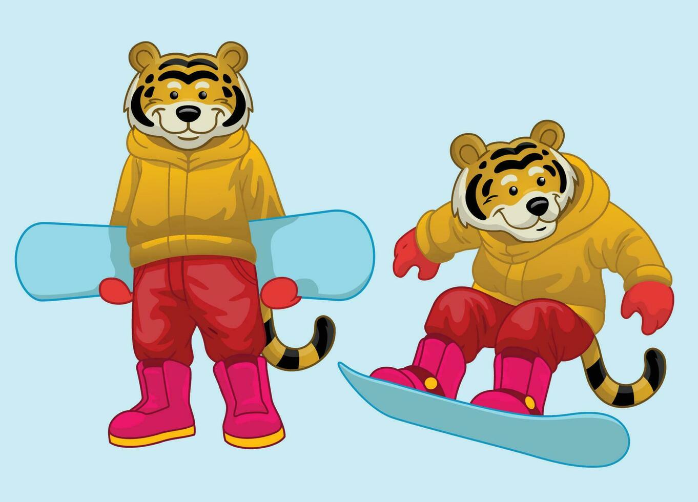 ensemble de dessin animé tigre mascotte équitation snowboard vecteur
