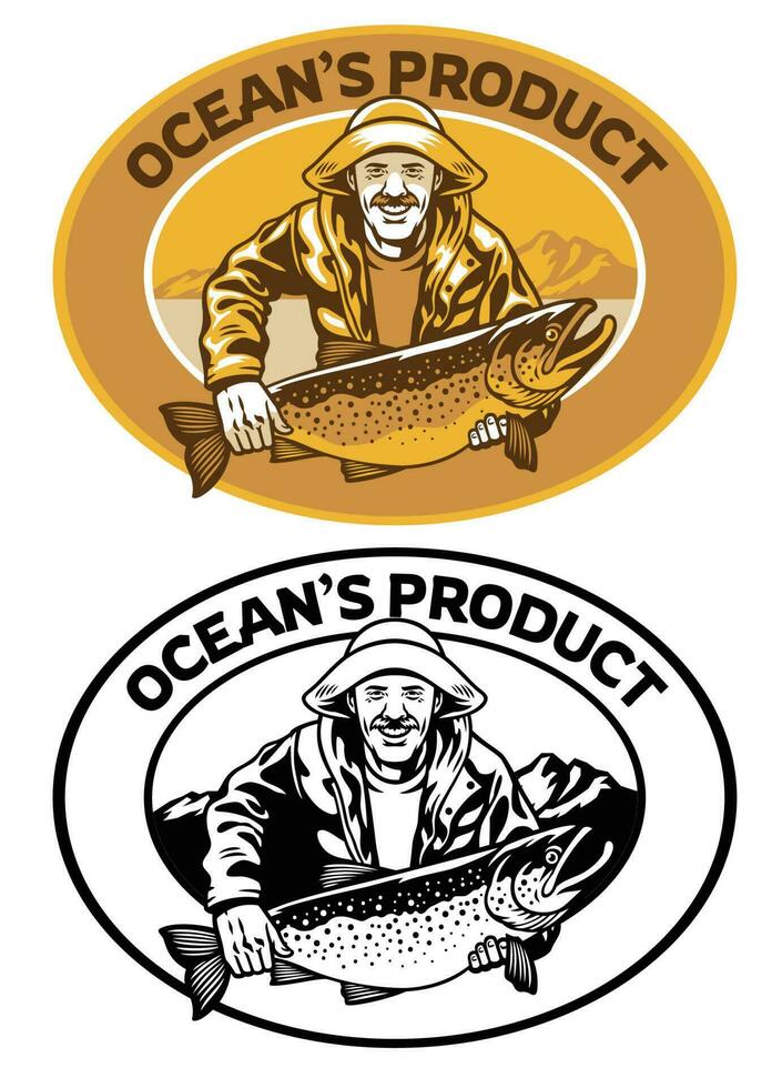 pêcheur badge conception avec gros truite poisson vecteur