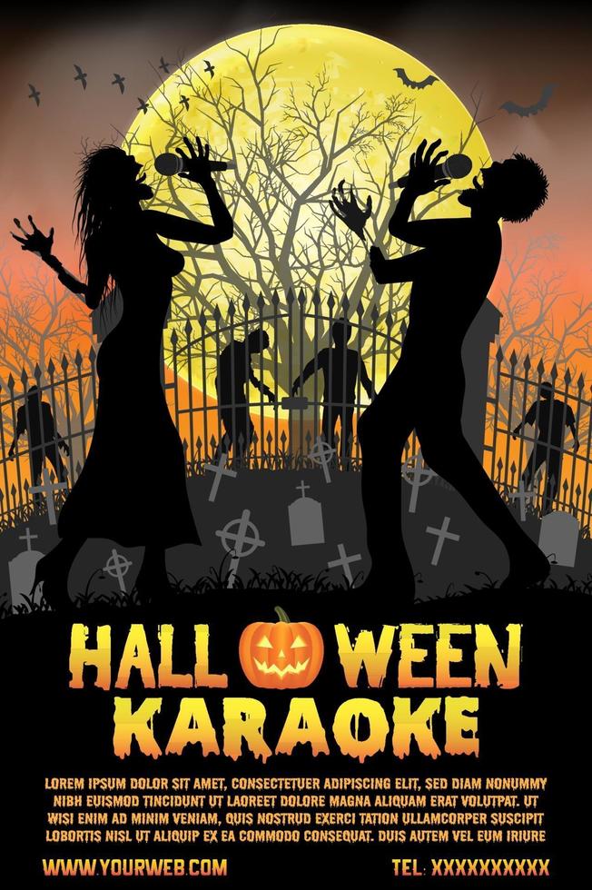 affiche de karaoké chantant zombie halloween au cimetière vecteur