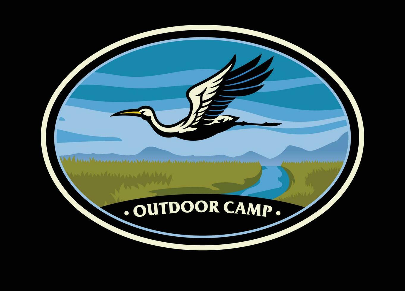 la nature camp badge logo avec cigogne oiseau image vecteur