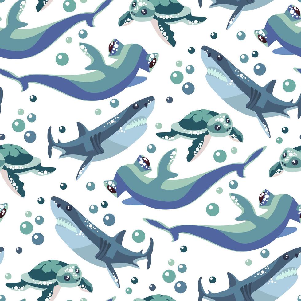 vecteur sans couture modèle avec tête de marteau, ordinaire requin et tortues avec bulles. mignonne animaux sont nager partout. conception de vecteur des illustrations pour à la mode tissus, textile graphique, impressions