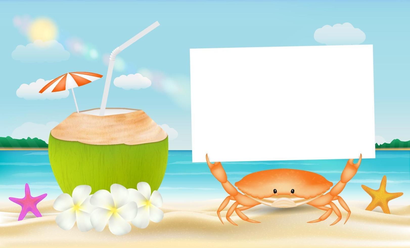 L'eau de coco et le crabe avec du papier sur un fond de plage de mer vecteur
