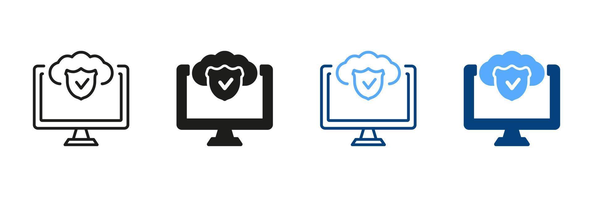 sécurité nuage l'informatique pictogramme. privé Les données protection concept. nuage protection ligne et silhouette icône ensemble. ordinateur et bouclier symbole collection. isolé vecteur illustration.