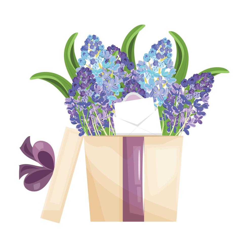 isolé boîte avec lilas et enveloppe. floral plat illustration. vecteur