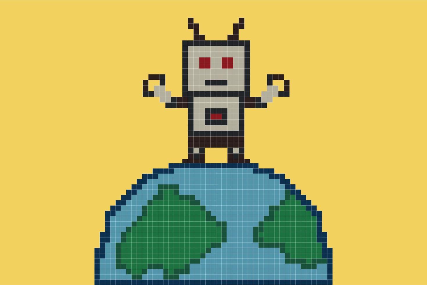 mignonne pixel dessin animé 8 bit personnage robot ou ai sur Terre monde pixel traverser point style pouvez bavarder apprendre ai La technologie robot pour éducation calculer bavarder bot vecteur. vecteur