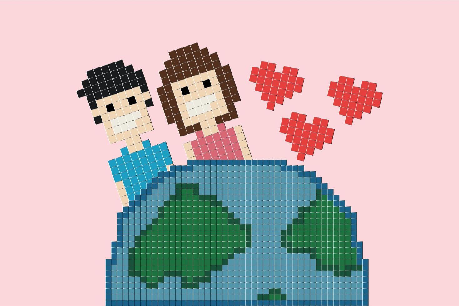 vecteur joyeux charmant couple dans l'amour sur Terre ensemble avec rouge cœur pixel 8 bit papier art concept Contexte Valentin journée décoration l'amour couple conception pour Valentin journée l'amour couple 8 bits