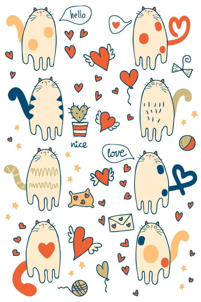 main tiré griffonnage style la Saint-Valentin chat collection. parfait pour tee, autocollants, affiche. vecteur