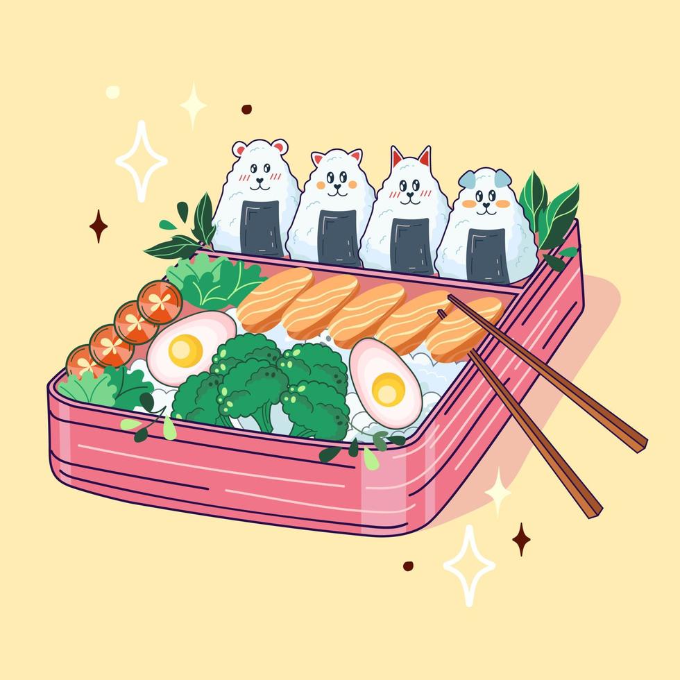 bento boîte dans kawaii style. mignon, coloré illustration. Japonais nourriture dans une le déjeuner boîte. anime et chibi. vecteur. vecteur