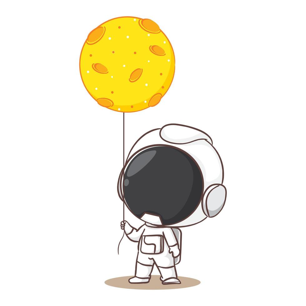 mignonne astronaute en portant lune ballon dessin animé personnage. espace concept conception. main tiré plat adorable chibi vecteur illustration. isolé blanc Contexte