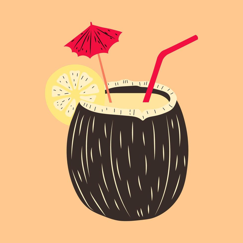 une dessin animé image de une noix de coco cocktail avec une paille et une rouge paille. vecteur