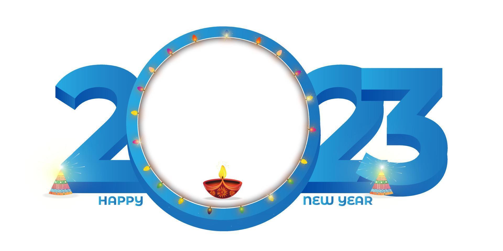 2023 Nouveau année fête sur blanc Contexte. Noël guirlande lumières décoration dans grand cercle avec fleur pot biscuit salé et pétrole lampe 2023 texte. vecteur illustration.