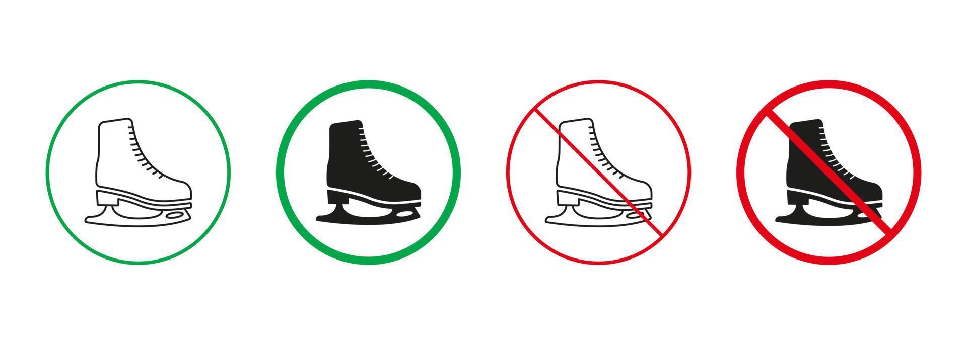 patinoire zone des loisirs ligne et silhouette Icônes ensemble. figure patinage rouge et vert panneaux. permis et interdit patineur endroit pictogramme. isolé vecteur illustration.