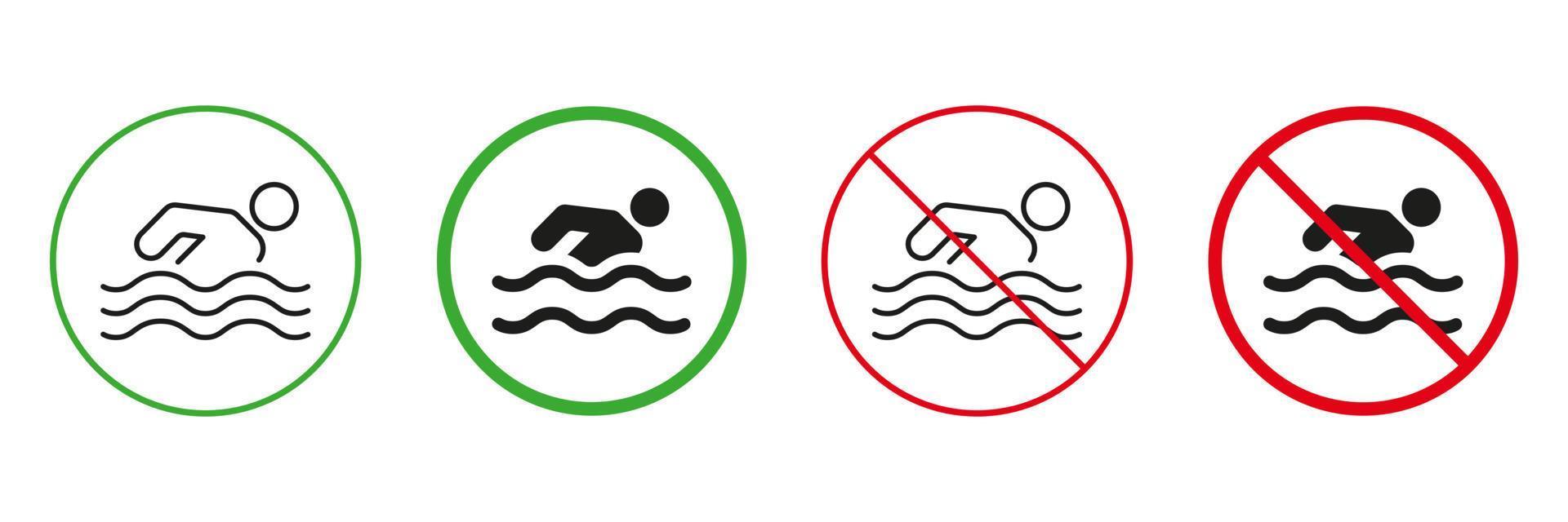 gens nager rouge et vert avertissement panneaux. nageur sur plage ligne et silhouette Icônes ensemble. permis et interdit nager zone pictogramme. isolé vecteur illustration.