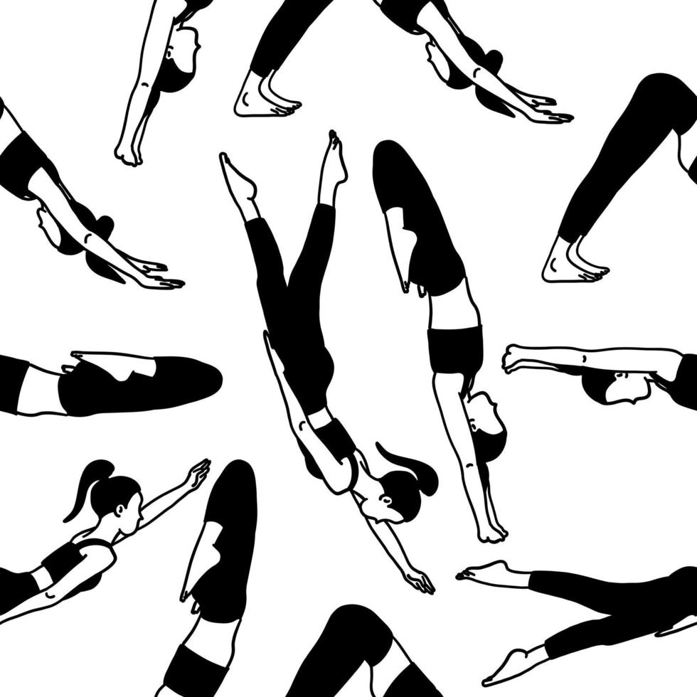 yoga pose sans couture modèle. noir et blanche. femme, dame, femme, fille. méditation, pilates, mental santé, entraînement, texture. vecteur illustration dans dessin animé plat style isolé sur blanc Contexte.