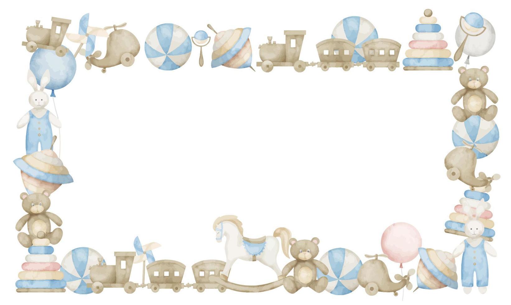 bébé jouets aquarelle Cadre. main tiré rectangulaire frontière sur isolé Contexte. modèle pour salutation cartes ou nouveau née douche invitations dans pastel bleu et beige couleurs. puéril toile de fond vecteur