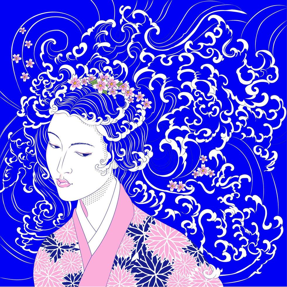 geisha avec vagues au lieu de cheveux vecteur
