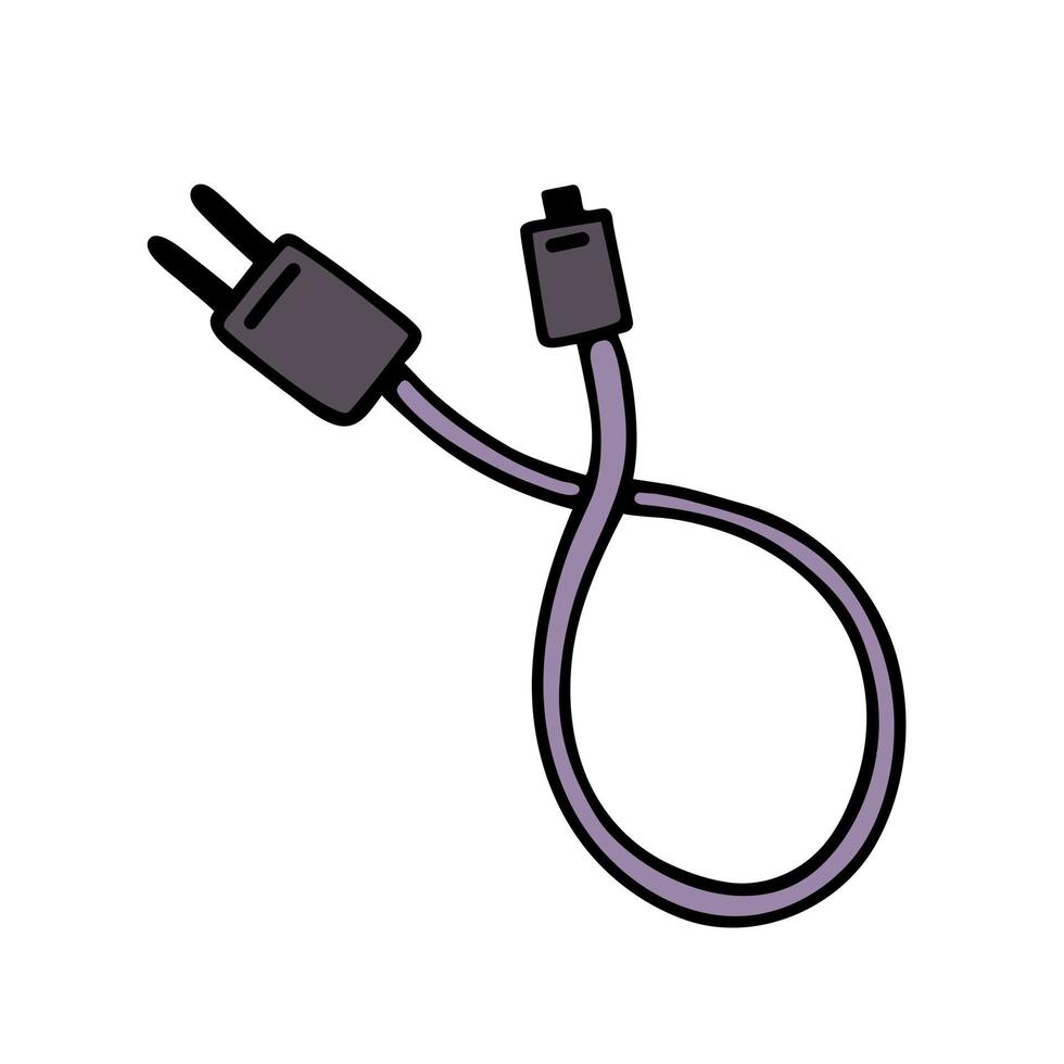 mobile téléphone chargeur. Facile vecteur icône. USB câble avec adaptateur pour mise en charge écouteurs, tablette, ordinateur. plat dessin animé griffonnage, main dessiné. illustration isolé sur blanche. clipart pour la toile, impressions