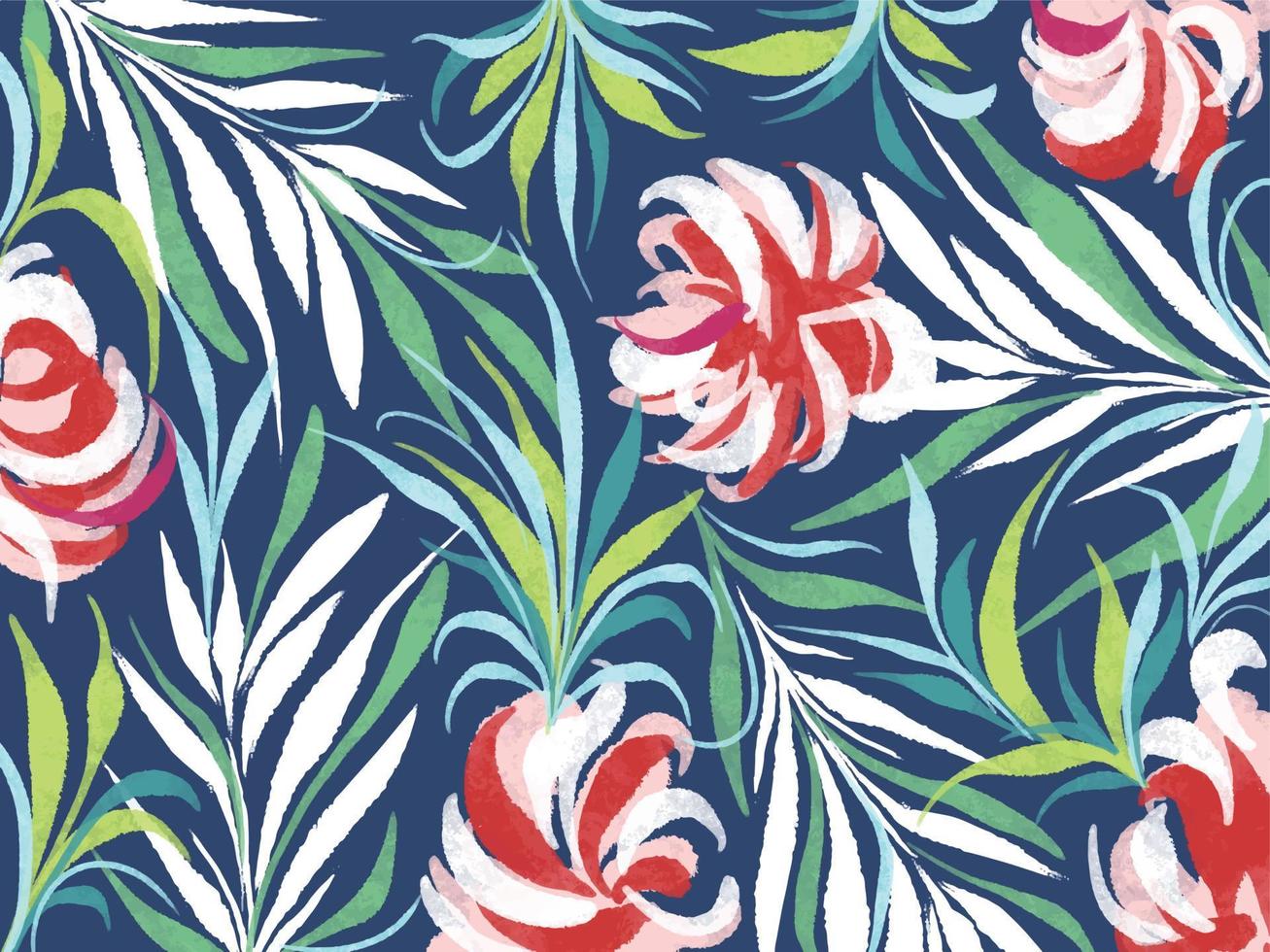 texturé grungy rouge floral fleurs botanique modèle avec vert et blanc feuilles décoration isolé sur horizontal paysage modèle. stylé vecteur fond d'écran pour écharpe textile impressions ou affiche.