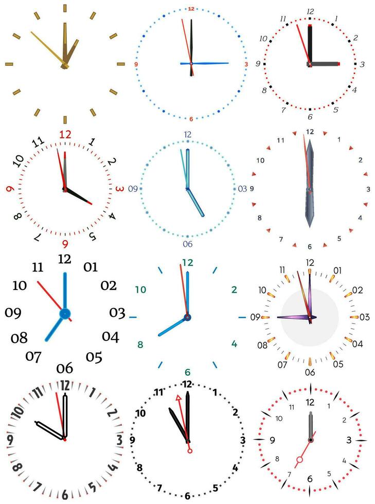 une ensemble de différent mécanique horloges avec un image de chaque de le Douze heures. l'horloge visage sur blanc Contexte. vecteur
