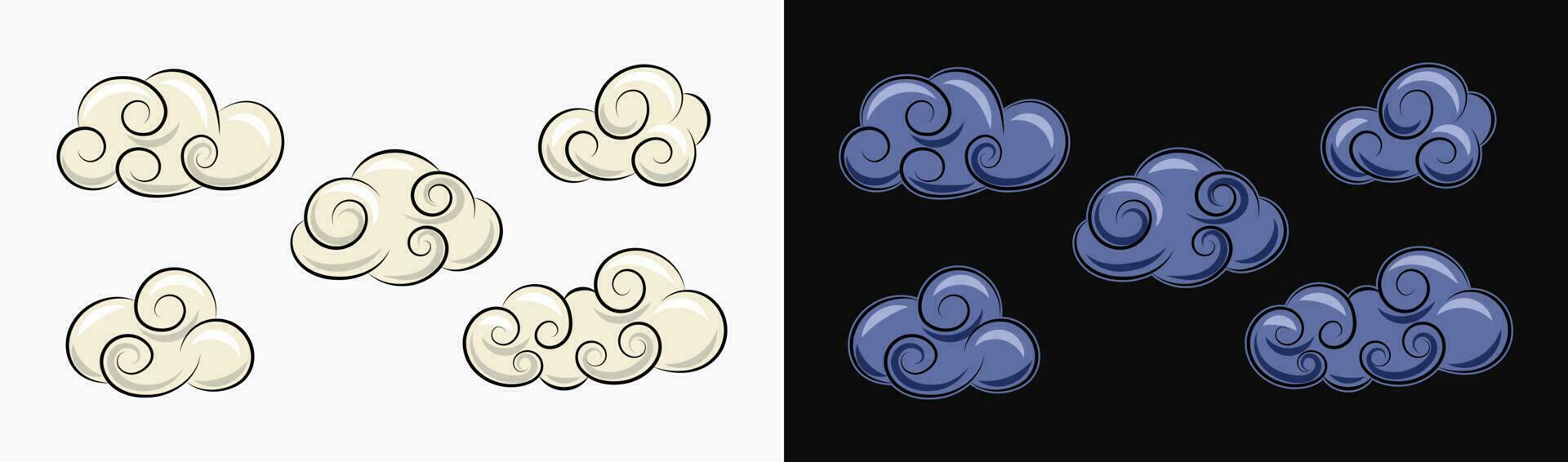 des nuages ensemble sur blanc, noir Contexte dans ancien style. dessin animé blanc duveteux des nuages pour journée et bleu des nuages pour nuit. bien pour sensationnel, hippie, naïve style, des gamins conception. vecteur