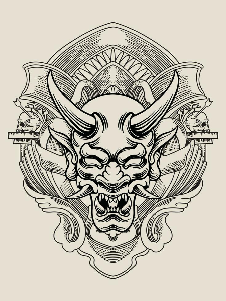 illustration masque oni avec ornement de gravure vecteur