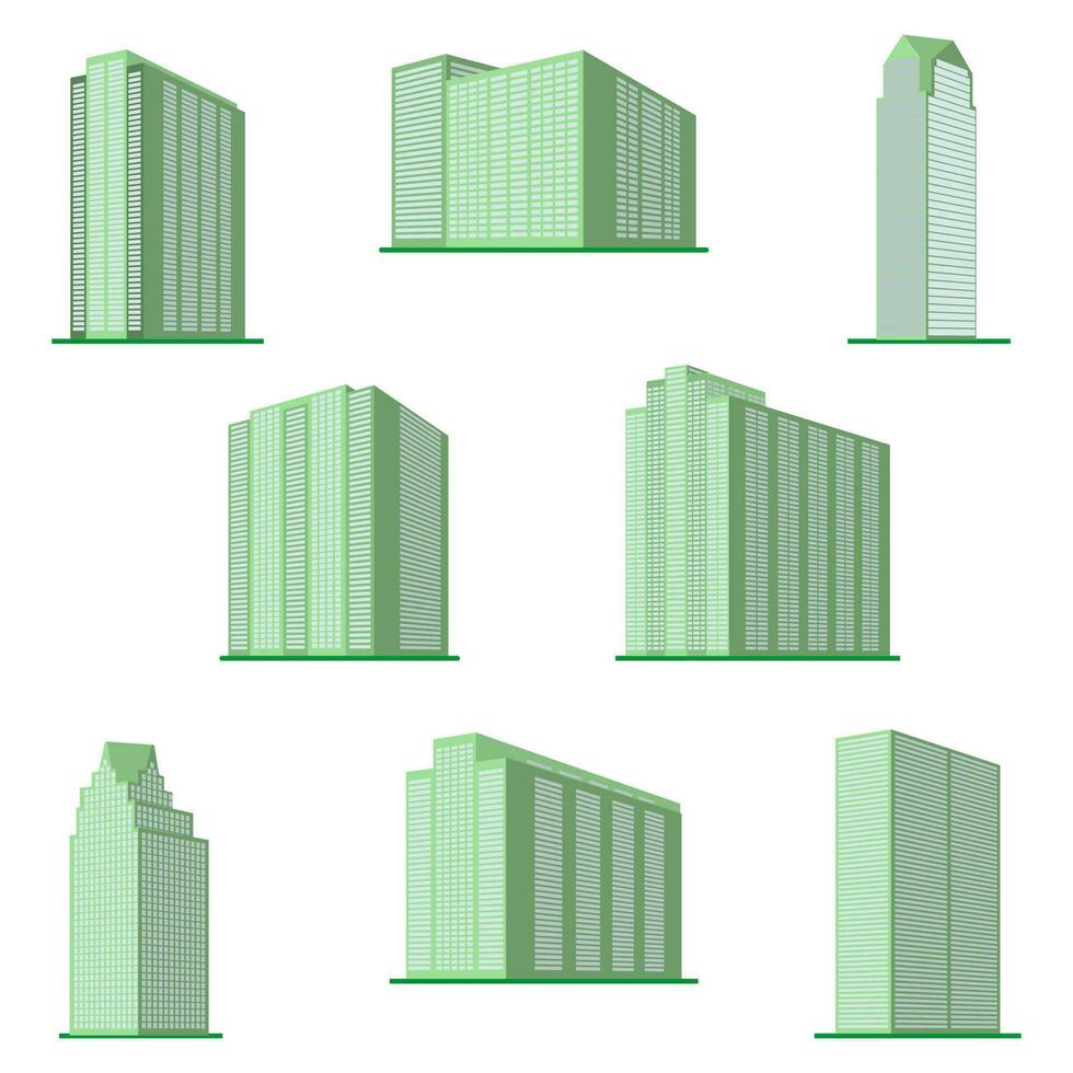 ensemble de huit immeubles de grande hauteur modernes sur fond blanc. vue du bâtiment depuis le bas. illustration vectorielle isométrique. vecteur