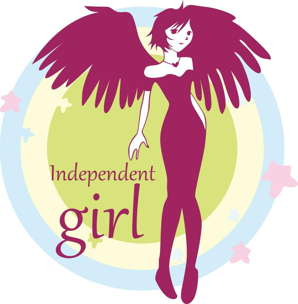 une dessin animé de une fille avec ailes et le mots indépendant fille sur le Haut vecteur