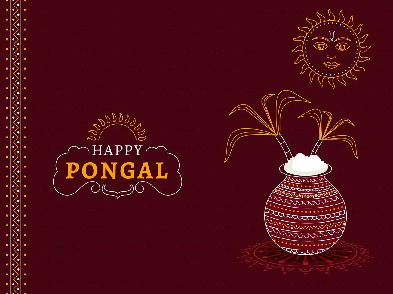 content pongal fête concept avec traditionnel plat dans argile pot, sucre de canne et Soleil visage sur bordeaux Contexte. vecteur