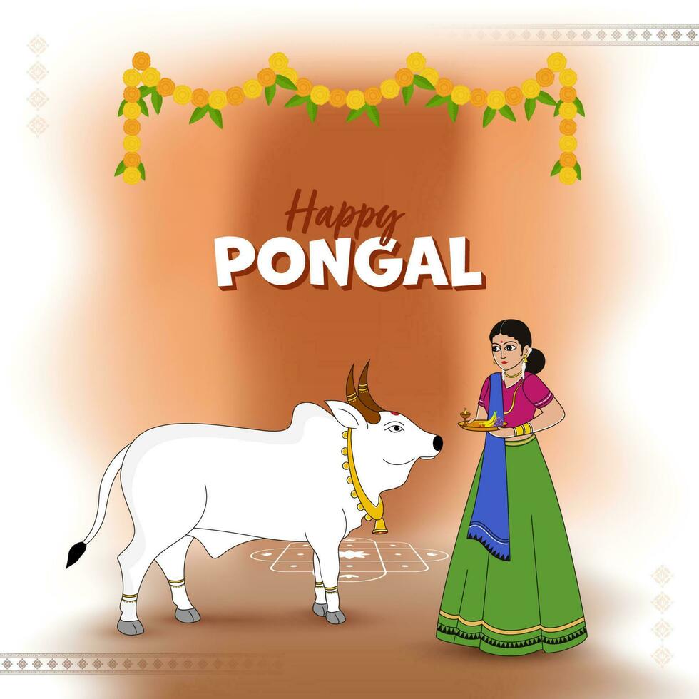 content pongal fête Contexte avec Sud Indien Jeune femme culte le taureau animal. vecteur