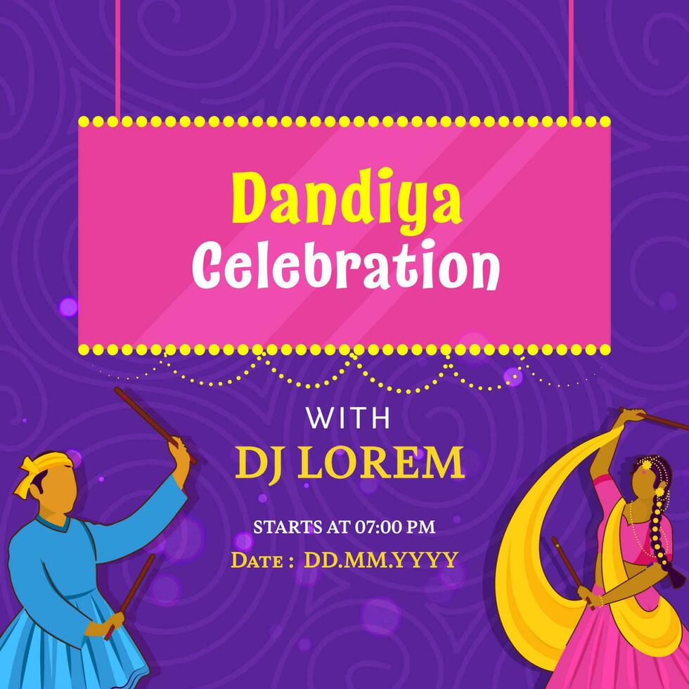 Dandiya fête invitation carte avec sans visage Indien couple en jouant sur violet tourbillon modèle Contexte. vecteur