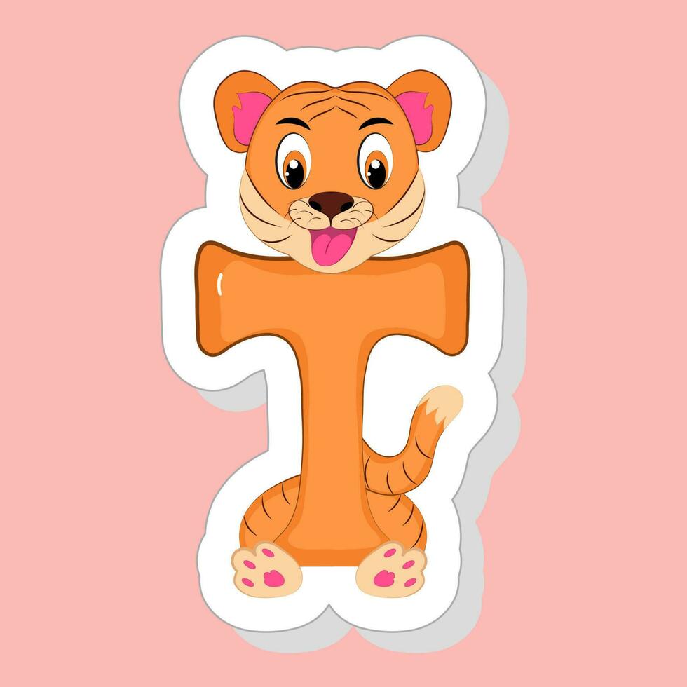 autocollant style t alphabet animal dessin animé tigre sur rose Contexte. vecteur