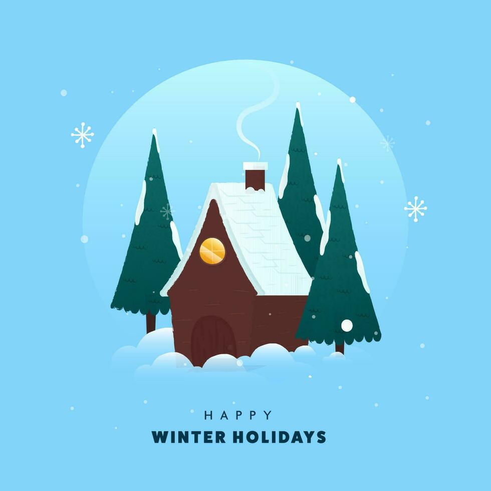 content hiver vacances affiche conception avec neige couvert cheminée maison et arbre sur bleu chute de neige Contexte. vecteur