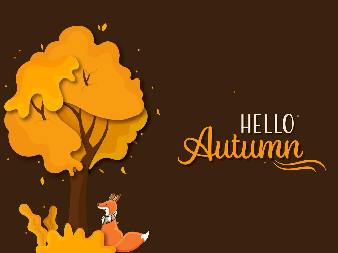 Bonjour l'automne Police de caractère avec dessin animé Renard séance en dessous de papier Couper arbre et tomber feuilles sur marron Contexte. vecteur