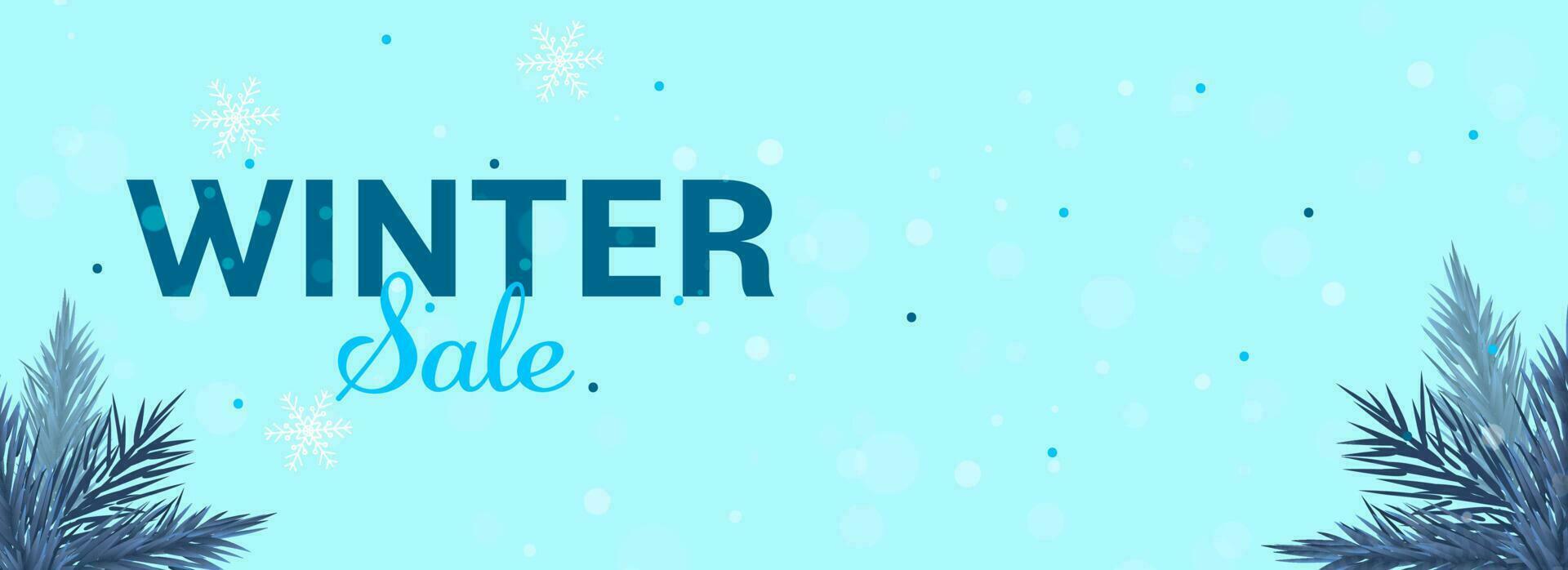 hiver vente bannière ou entête conception avec flocons de neige et sapin feuilles décoré sur bleu Contexte. vecteur